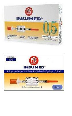 SIRINGA PER INSULINA PIC INSUMED 0,5 ML 100 UI AGO GAUGE 29 LUNGHEZZA 12,7 MM SENZA SPAZIO MORTO 3 SACCHETTI DA 30 PEZZI - Dolomiti e Natura