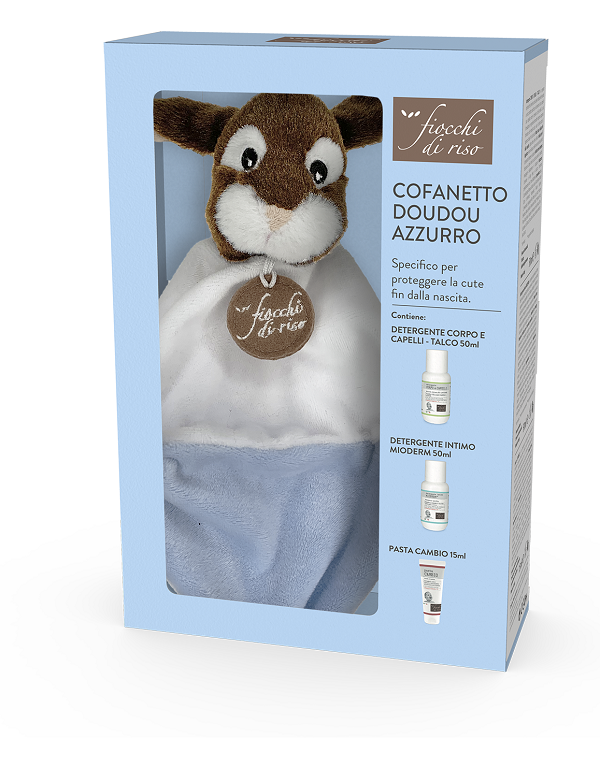 FIOCCHI DI RISO COFANETTO DOUDOU BIMBO AZZURRO MINISIZE PASTA CAMBIO 15 ML + MINISIZE INTIMO MIODERM 50 ML + MINISIZE DETERGENTE CORPO CAPELLI TALCO 50 ML + DOUDOU FIOCCO AZZURRO - Dolomiti e Natura