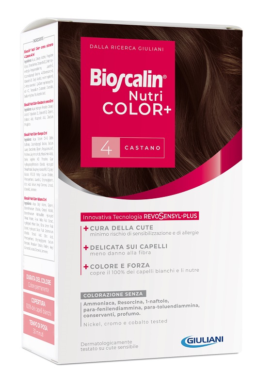 BIOSCALIN NUTRICOLOR PLUS 4 CASTANO CREMA COLORANTE 40 ML + RIVELATORE CREMA 60 ML + SHAMPOO 12 ML + TRATTAMENTO FINALE BALSAMO 12 ML - Dolomiti e Natura
