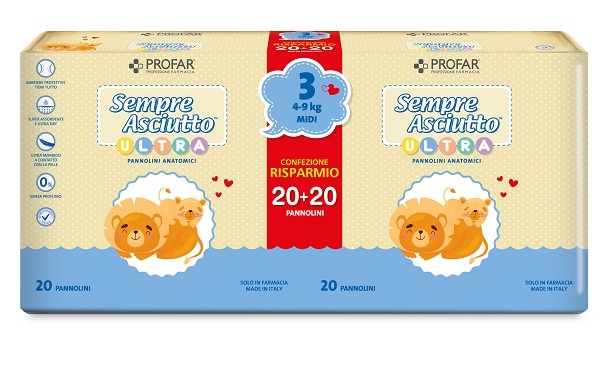 PANNOLINI PROFAR SEMPRE ASCIUTTO ULTRA MIDI 4/9 KG BIPACCO 20+20 PEZZI - Dolomiti e Natura