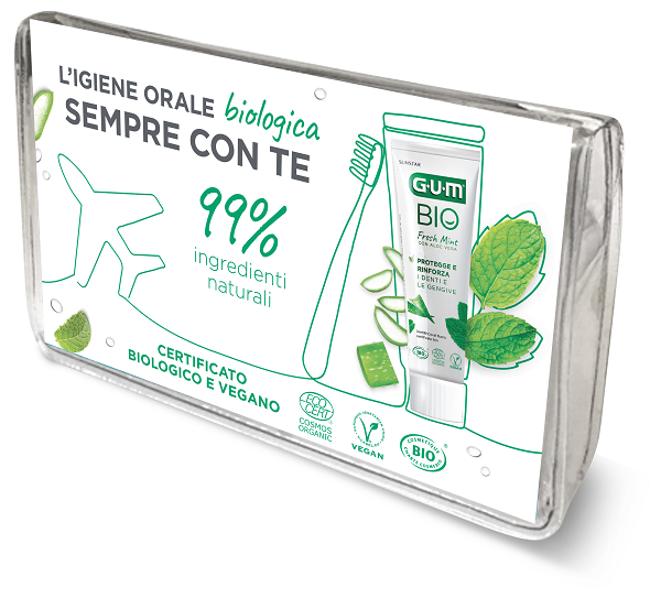 GUM TRAVEL KIT BIO 1 SPAZZOLINO + 1 DENTIFRICIO +  1 SCOVOLINO INTERDENTALE - Dolomiti e Natura