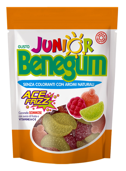 BENEGUM JUNIOR ACE FRIZZ CARAMELLE GOMMOSE CON SUCCO DI FRUTTA E VITAMINE A C E 90 G - Dolomiti e Natura